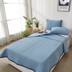 BODRE 拼色薄被+枕頭套, 藍色