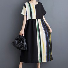 퀸이즈 여성용 유니크 배색 나염 롱 원피스