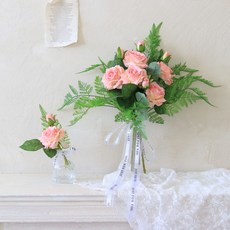 Scent Basket 人造玫瑰蕾絲緞帶混合捧花 + 胸花套組, 粉紅色, 1個