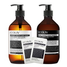 ecoliv 頭皮洗髮精 500ml+薰衣草護理沐浴露 500ml+沐浴露隨身包 10ml 2入, 1套