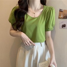 레몬소울 여성용 푸티 퍼프소매 라운드넥 반팔 티셔츠
