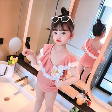 BEBENIZ 女童花朵荷葉邊泳衣+泳帽