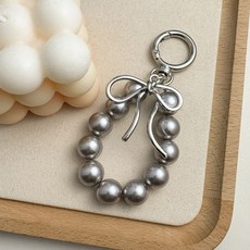 PEONIST 緞帶珍珠時尚鑰匙圈, 1個, 深銀色