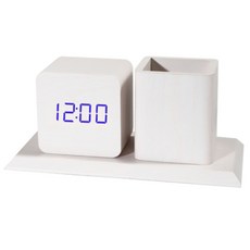 쿼르디 탁상시계 연필꽂이 블루 라이트, 화이트우드