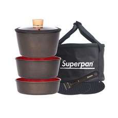 superpan IH爐適用韓國產露營用鍋具7件組, 黑色 紅色, 平底鍋 20cm+多功能鍋 20cm+砂鍋 20cm+矽膠玻璃鍋蓋+可拆式把手+隔熱墊 2入+收納包