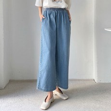 BBAEBBAE 女款腰圍鬆緊九分闊腿牛仔褲