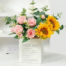 Souplace 感性向日葵人造花束 + 紙袋花盆套組 FREE S261-0206FR, 粉紅色, 1套