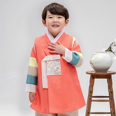 金童 男童用珊瑚彩袖韓服 背心 + 上衣 + 褲子套組 AM218