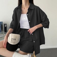 TheSirup 女款簡約日常襯衫短褲兩件式套裝