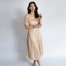 더시럽 여성용 빈티지 체크 퍼프 롱 원피스 빅사이즈 포함