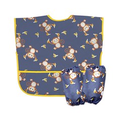 Derhappy 幼兒兒童用 猴子香蕉 防水短袖美術畫畫衣袖套組 08, 海軍藍