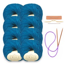 미소털실 트와이즈 뜨개실 8p + 가죽라벨 + 바늘 패키지 세트, 1세트, 405 코발트블루