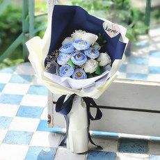 아스파시아 비누꽃 포스틴 라넌큘러스 꽃다발+ 쇼핑백, 블루, 1개