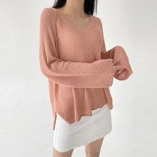 Planday 女性柔美夏季寬鬆版型圈圈紗側開衩V領針織衫