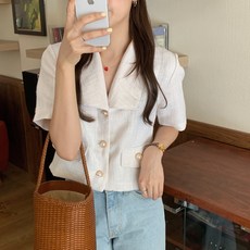 퍼스트썸 여성용 반팔 진주 단추 캐쥬얼 트위드 자켓