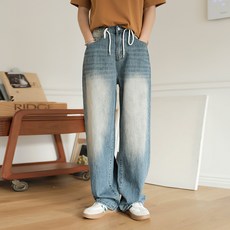 빼빼 여성용 스트링조절 하이 와이드 데님 팬츠 베이직