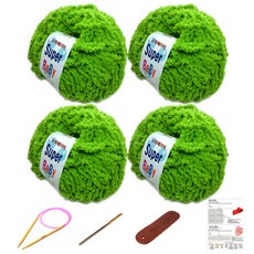행복뜨기 슈퍼베이비 뜨개실 4p + 바늘 6mm + 돗바늘 + 가죽 라벨 + 목도리 도안 세트, 1세트, 연두