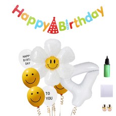 MINITTINE 生日快樂微笑花朵大型數字4氣球 白色 80cm + 生日快樂彩虹掛旗 + 微笑乳膠氣球 3入 + 2款乳膠氣球 + 雛菊氣球 + 緞帶 + 玫瑰金緞帶 2入 + 海綿點膠 + 幫浦隨機出貨套組, 混合色, 1套