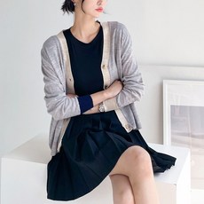 뜨개진 여성용 루즈핏 배색 베이직 프렌트 가디건