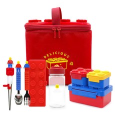 OXFORD TOY 野餐豪華組合, 便當盒 + 不鏽鋼3件組 + 積木保溫保冷袋, 紅色