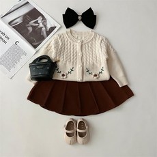 女童款麻花針織開襟衫+針織短裙套裝