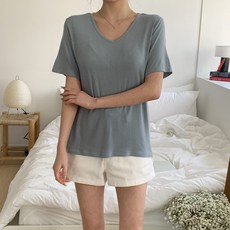 시크블랙 여성용 구루나 베이직 무지 브이넥 반팔 티셔츠 cpt16343k52