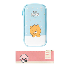 KAKAO FRIENDS 現代風迷你扁平鉛筆盒 + LF多功能鉛筆袋套組, Apeach(鉛筆盒), Little Ryan(收納袋), 1套