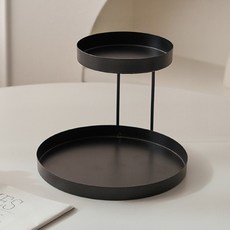 Homeflow 北歐風極簡鐵製雙層圓形收納託盤, 黑色(無墊)