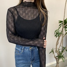 구디프 여성용 시스루 레이스 반목 긴팔 블라우스