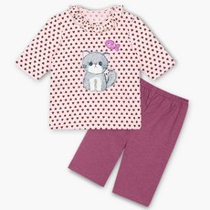 Uni FRIend 孩童愛心貓咪圖案7分袖上衣+7分褲