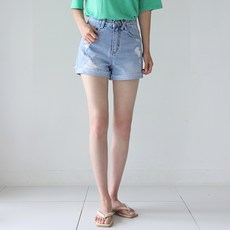 빼빼 여성용 X포인트벨트라인 구제워싱 롤업 데님 숏팬츠