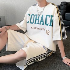 남성용 패션플로우 빅로고 사이드 라인 포인트 오버핏 반팔 반바지 세트
