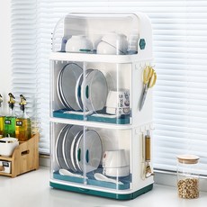 掀蓋式透明3層餐具瀝水架, 綠色