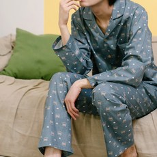 Jjiniya 男童 Love Cat 40支純棉長袖上下學生睡衣套裝