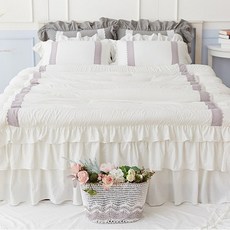 AronHouse 荷葉邊寢具套組, 薄被 170*210cm+枕頭套 50*70cm 2入+床罩 150*200*25*45cm, 白色