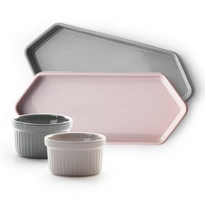 PRELUDE 奶油風六角長盤 莫蘭迪粉 + 灰色 + 醬料碟 莫蘭迪粉 + 灰色 套組, 1套, 長盤2種 + 醬料碟2種, 莫蘭迪粉,灰色