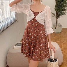 女款午夜可可透視 + 花卉海灘連身裙套裝 B235WF02158, 白色(透視), 咖啡色(連身裙)