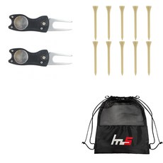 NAYASTYLE 高爾夫果嶺叉修補器 黑色 2入 + 木製高爾夫長球梯 10入 + 收納袋組合 GFYP-39-4 182-3PU, 混合顏色