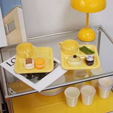 Awakensense 馬卡龍迷你早午餐餐盤 + 迷你杯組, 起司黃色, 2套