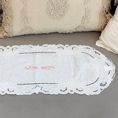 MaMaison 쉐비 플라워 린넨 자수 롱 식탁 플레이스매트 PMMV16-90-PT, 화이트, 1개, 90 x 35 cm