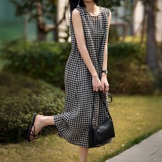 Paperments 後綁帶交叉格紋寬鬆連身裙 10695 含大尺碼, 黑色