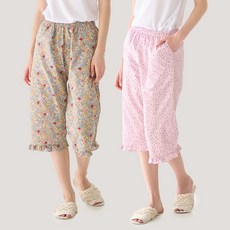 테라우드 여성용 통기성 플라워 프릴 주머니 7부 파자마 바지 2종 세트