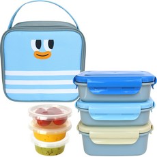 Lollimon 雙層不鏽鋼便當盒 飯盒 + 菜盒 2入 + 醬料盒 隨機出貨 3入 + 提袋套組, 藍色, 1套