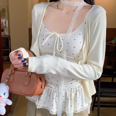 MarketA 女款圓點荷葉邊無袖上衣 + 長袖針織外套套組 M263-A2676C