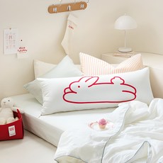 [Shez Home] DTP超細纖維直筒型長抱枕+枕芯套組 我的兔子象牙白 38 x 100 cm, 象牙白紅線條兔款
