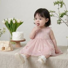 베베니즈 신생아용 쉬폰 리본 민소매 원피스수트