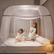 OMT 附底座床用方形一觸式蚊帳帳篷, 白色