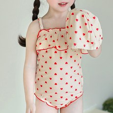 woojooi 女童愛心荷葉邊連身泳衣 + 泳帽組