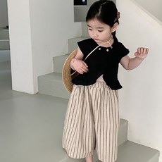 CONTIKIDS 女童款短袖開叉上衣+直條紋長褲套裝