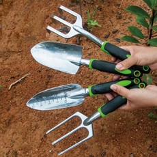 The Flow不生鏽鋁製萬用園藝工具 綠色寬鏟+刻度鏟+三腳耙+一字耙, 1套